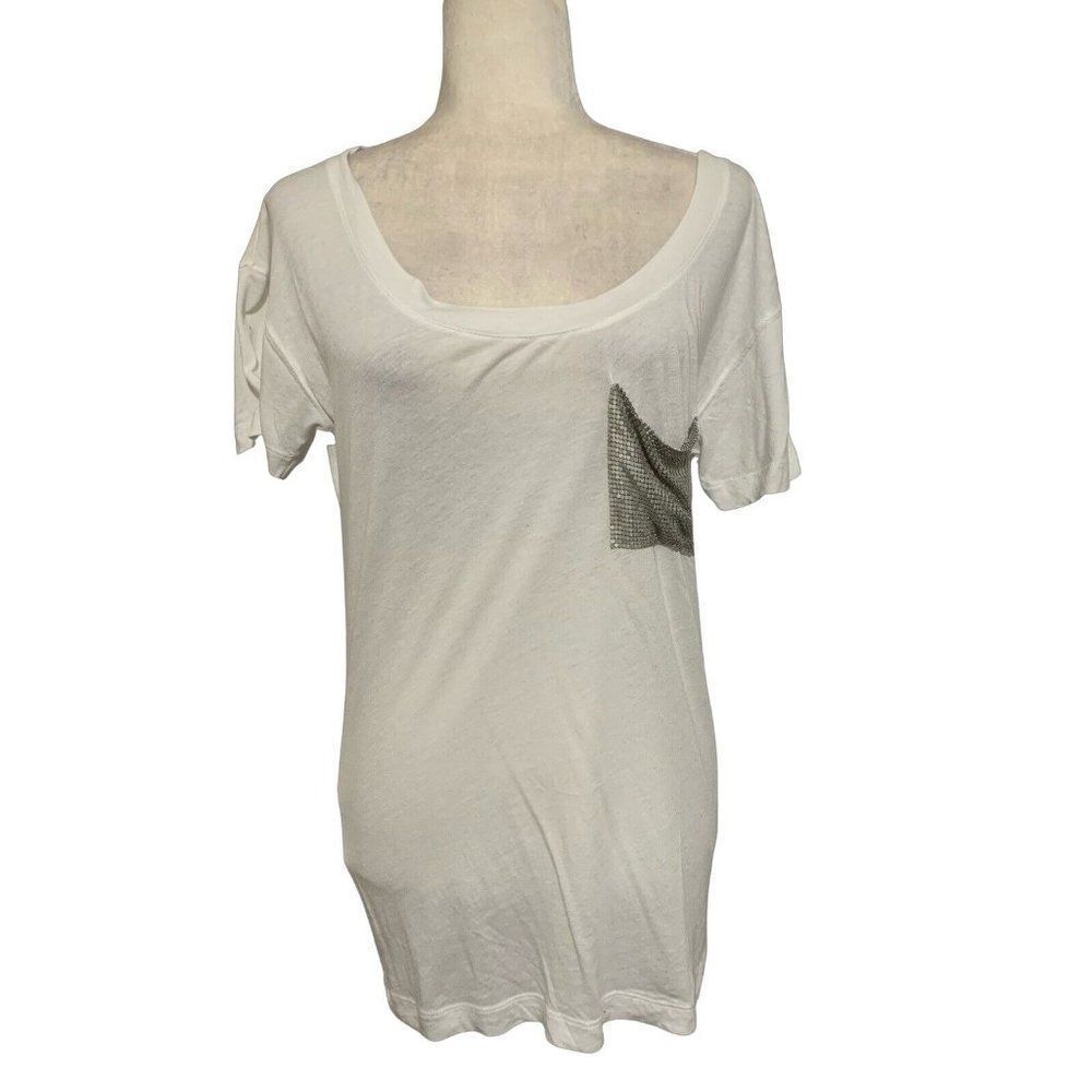 Hi-line Madewell Womens Solid White Silver Pocket Short Sleeve Top T Shirt Xs